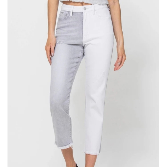 Flying Monkey 2 Tone Grey White Colorblock‎ Size 30 Jeans Women Cropped Raw Hem - Picture 2 of 9